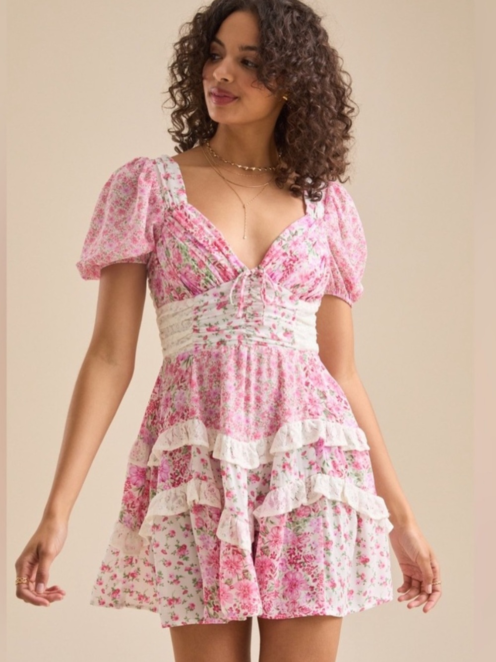 Altard state size medium Pink Floral Puff-Sleeve Mini Dress